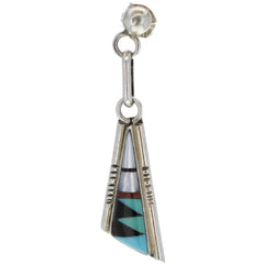 Zuni Handmade Signed Turquoise, Onyx, & Coral Inlay Triangle Dangle Earrings