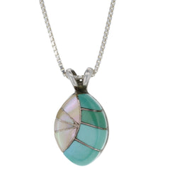 Zuni Handmade Turquoise & Mother Of Pearl Inlay Pendant Necklace