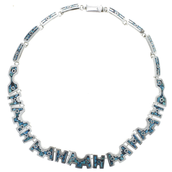 Taxco Modernist Turquoise Inlay Link Collar Necklace