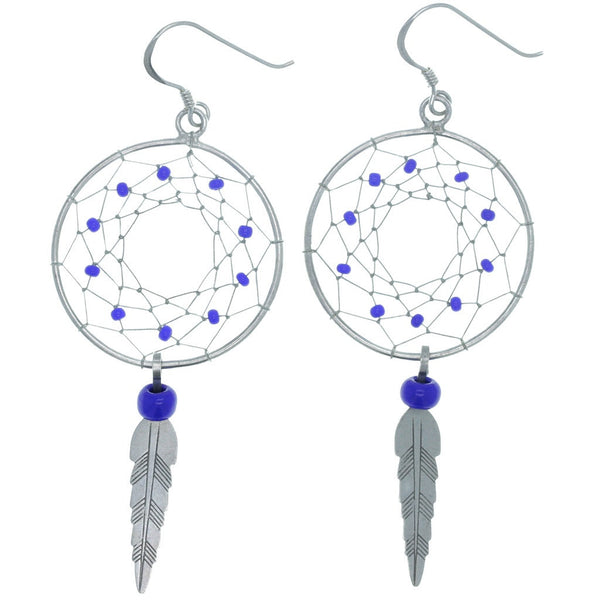 Blue Beaded Dream Catcher Feather Dangle Earrings