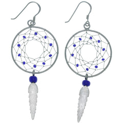 Blue Beaded Dream Catcher Feather Dangle Earrings