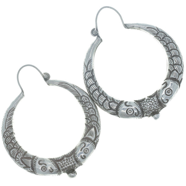 Chinese Export Carved Fish Hoop Earrings