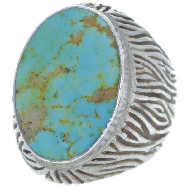 Chunky Modernist Carved Turquoise Oval Ring - Size 9.5