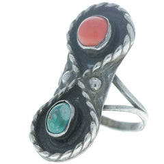 Navajo Handmade Braided Turquoise & Coral Infinity Ring - Size 6.5