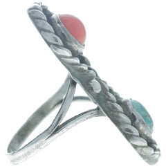 Navajo Handmade Braided Turquoise & Coral Infinity Ring - Size 6.5