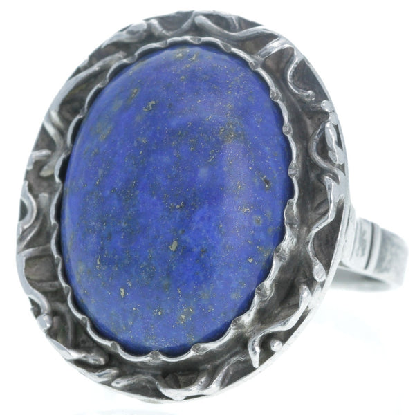 Modernist Organic Round Lapis Oval Ring - Size 8.25