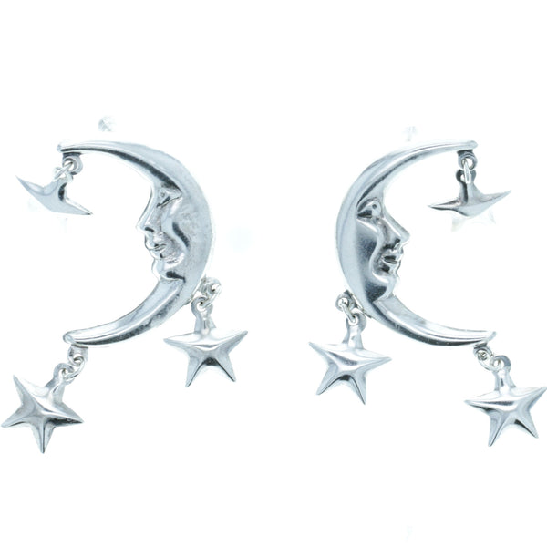 Crescent Moon Face & Stars Stud Earrings