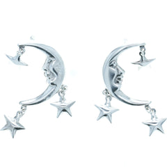 Crescent Moon Face & Stars Stud Earrings