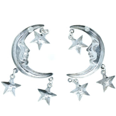 Crescent Moon Face & Stars Stud Earrings