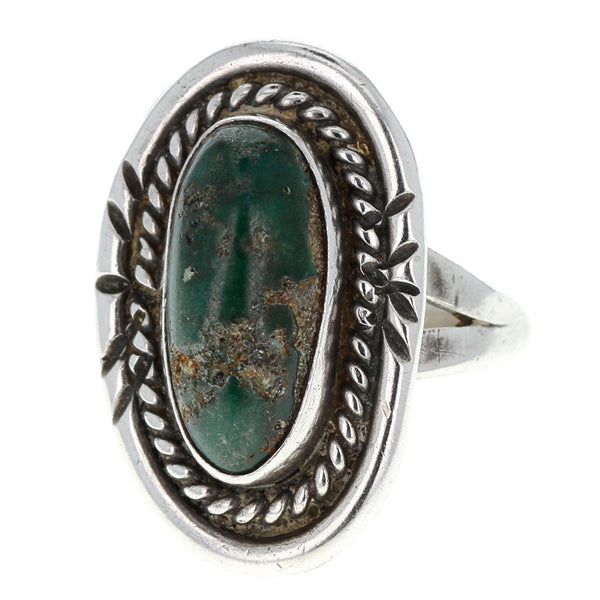 Navajo Handmade Braided Dark Green Turquoise Oval Ring - Size 7.25