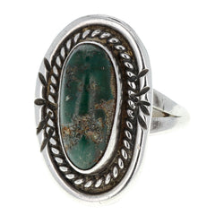 Navajo Handmade Braided Dark Green Turquoise Oval Ring - Size 7.25