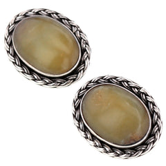 Woven Olive Jade Oval Stud Earrings