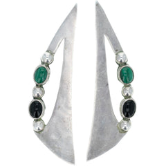 Taxco Modernist Malachite & Onyx Dotted Stud Earrings