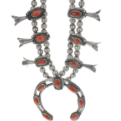 Navajo Handmade Coral Squash Blossom Necklace