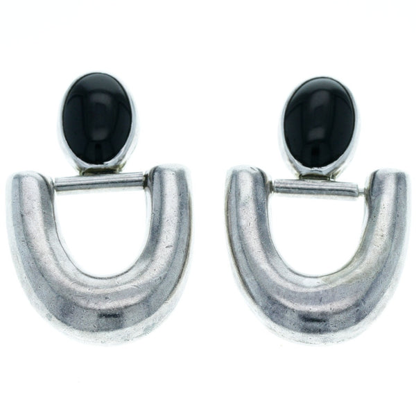 Taxco Modern Puffy Curved Onyx Dangle Earrings