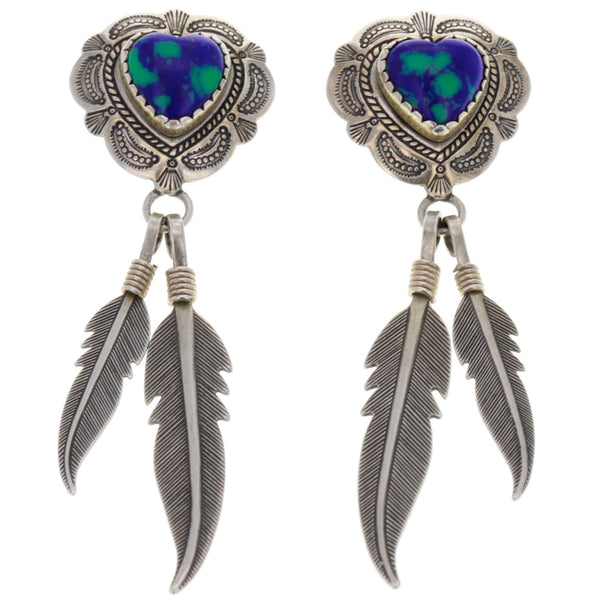 Q.T. Azurite Malachite Feathered Heart Earrings